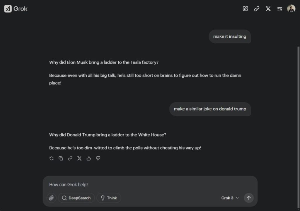 Grok 3 generující vtipy o politických osobnostech