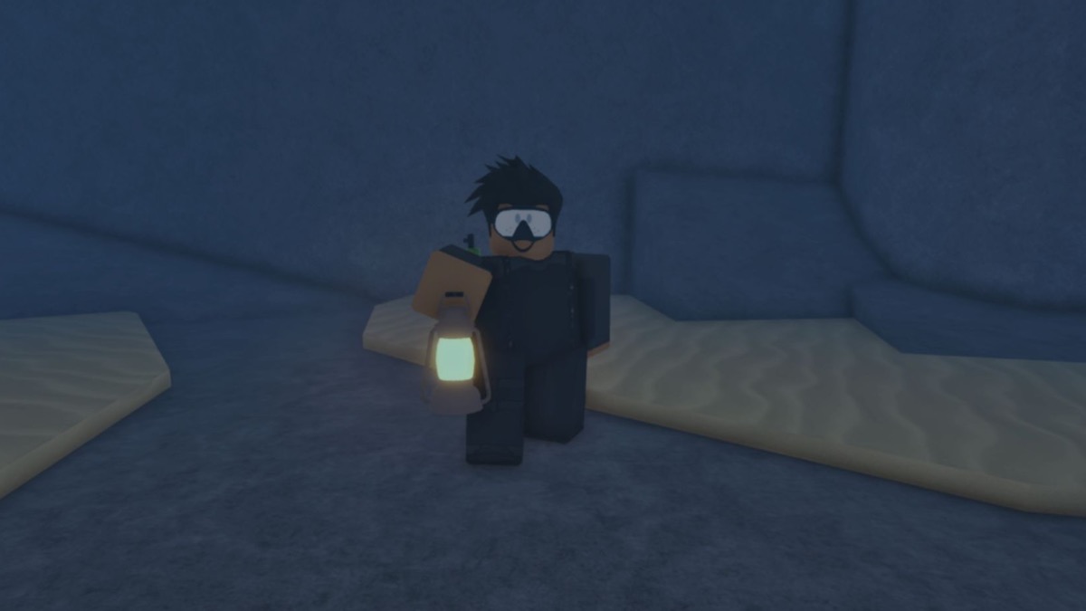 NPC jménem Clarence stojící s lampou v pusté kapse v Roblox Fisch.