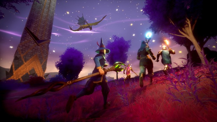 Adventurers běžící polem v Runescape: Dragonwilds.