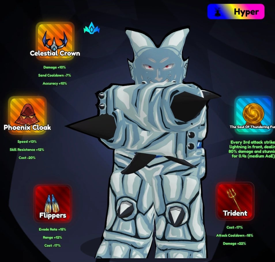 Sestava Omega Dragonlord pro fáze Swarm Event v zážitku Anime Rangers X Roblox.
