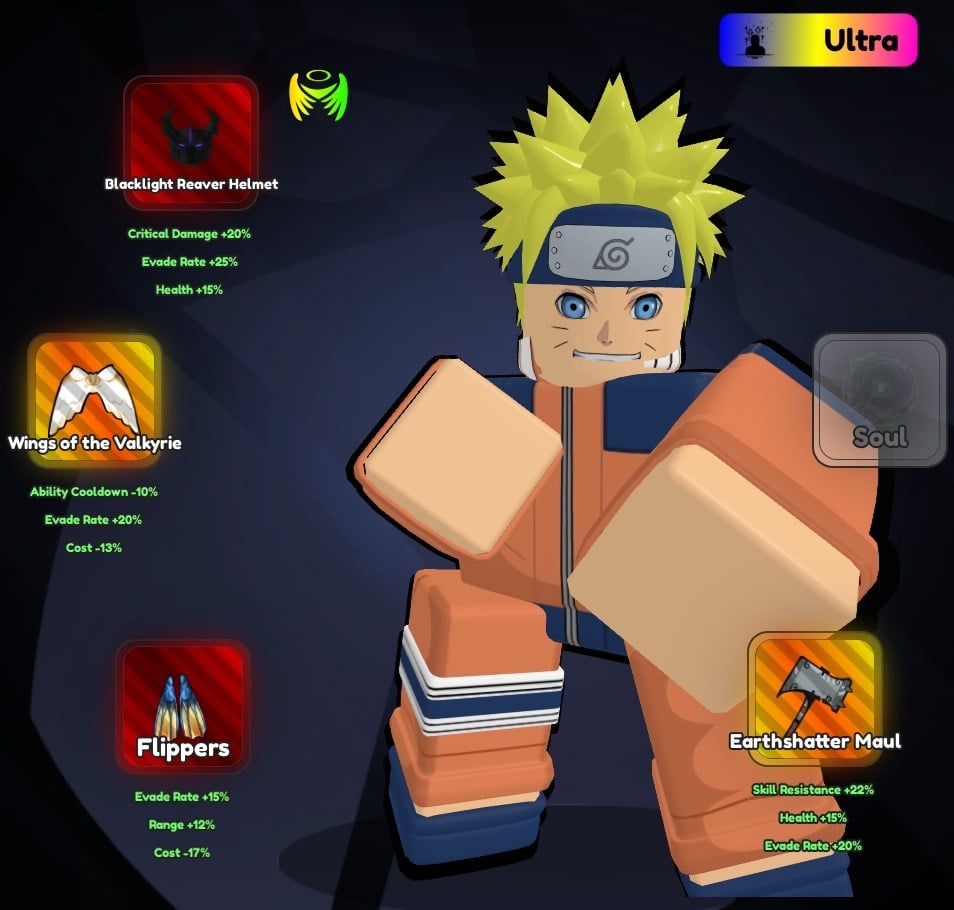 Sestava Leaf Ninja pro fáze Swarm Event v zážitku Anime Rangers X Roblox.