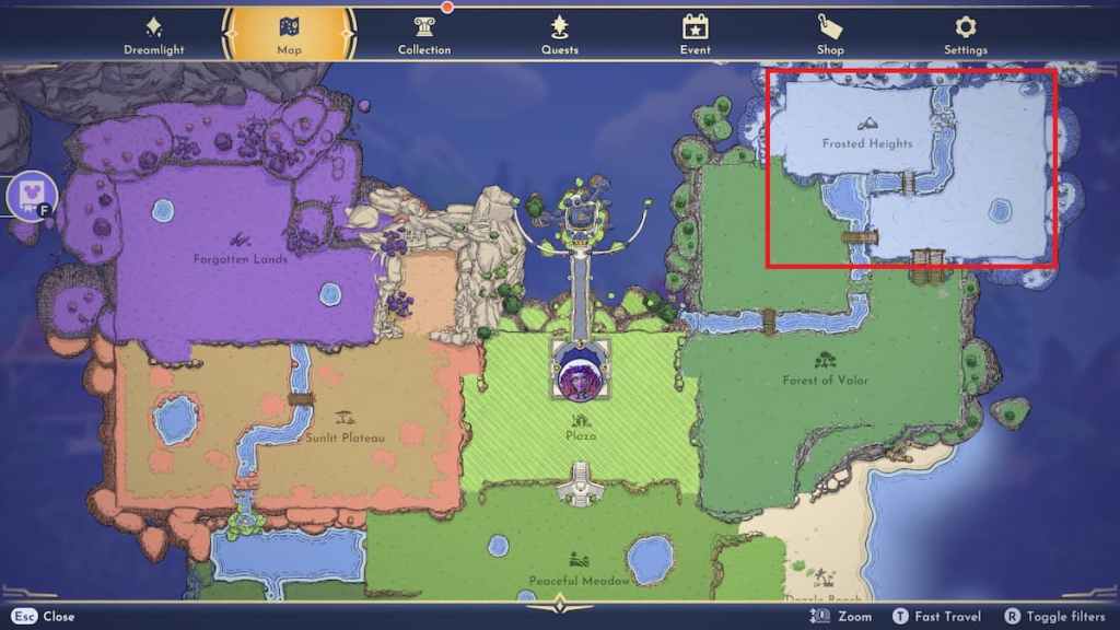 Označený biotop zmrzlých výšin v Disney Dreamlight Valley