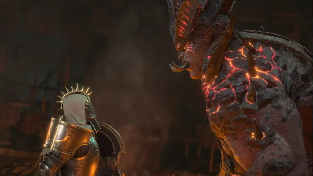 Řezník se dívá na Paladina v Diablo 4.