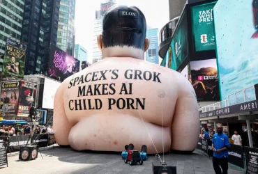 Nafukovací Elon Musk na Times Square prosí o prasknutí – Grok skutečný