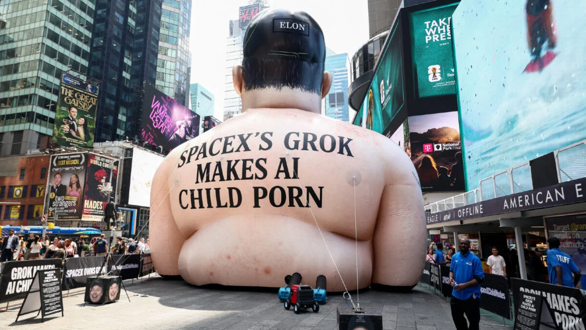 Nafukovací Elon Musk na Times Square prosí o prasknutí – Grok skutečný